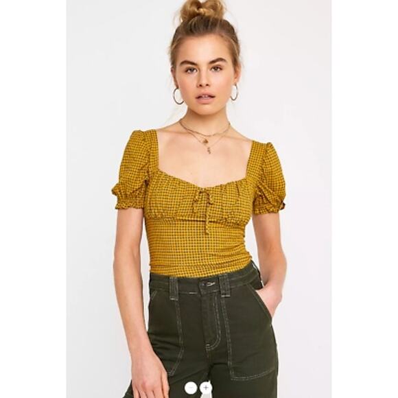 Urban Outfitters Cassia Mustard Yellow Plaid Check Puff Sleeve Top SZ S - Picture 1 of 11